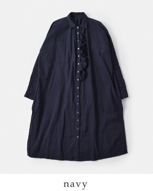 新品未使用 GUPTIHA リネン混 フリルシャツワンピース シェル釦 バッグ付 GUPTIHA グプティハ ハンド スパン コットン リネン フリル シャツ