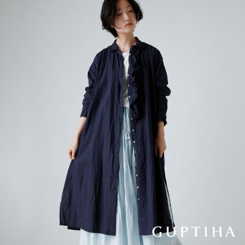 新品未使用 GUPTIHA リネン混 フリルシャツワンピース シェル釦 バッグ付 新品未使用 GUPTIHA リネン混 フリルシャツワンピース シェル釦 バッグ