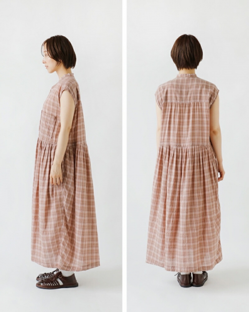 [極美品] クラネ フレアワンピース S 丸首 半袖 コットン ブラウン 高級 Koton コトン キュプラ コットン チェック ノースリーブ