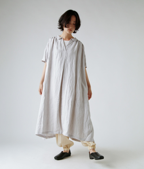 定価57200円 45R リネンバスクのセイルプルドレス 日本製 フリーサイズ suro スロ リネン フラットカラー ショート スリーブ ドレス