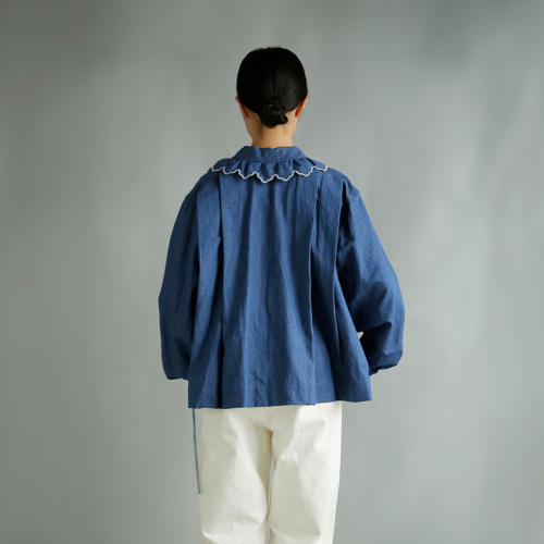 TOWAVASE トワヴァーズ コットンリネン スカラップ刺繍 デニムブラウス