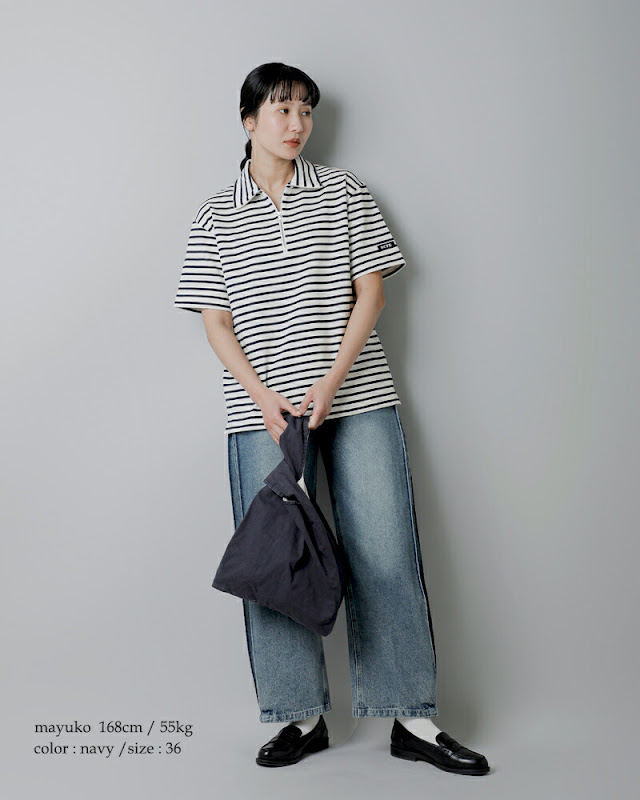SCYE BASICS サイベーシックス コットン ストライプ ハーフジップ T