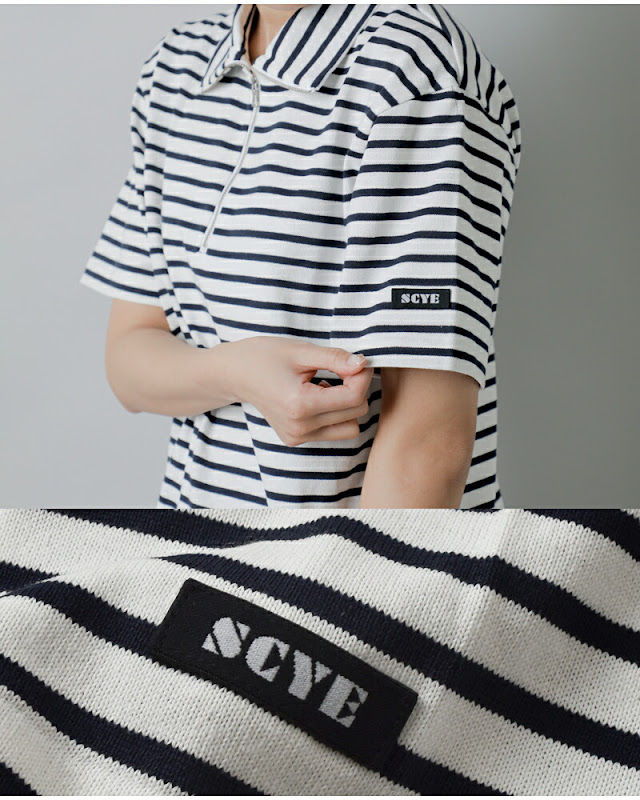 SCYE BASICS サイベーシックス コットン ストライプ ハーフジップ T