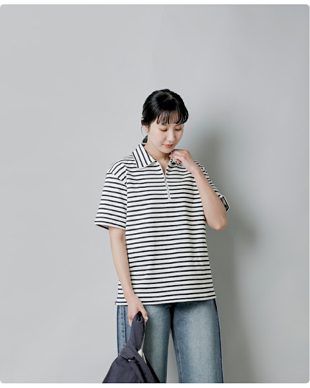 SCYE BASICS サイベーシックス コットン ストライプ ハーフジップ T