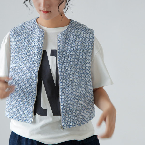 R & D.M.Co- トレリス コーチングステッチ シャーリング ベスト TRELLIS COUCHING STITCH SHIRRING VEST