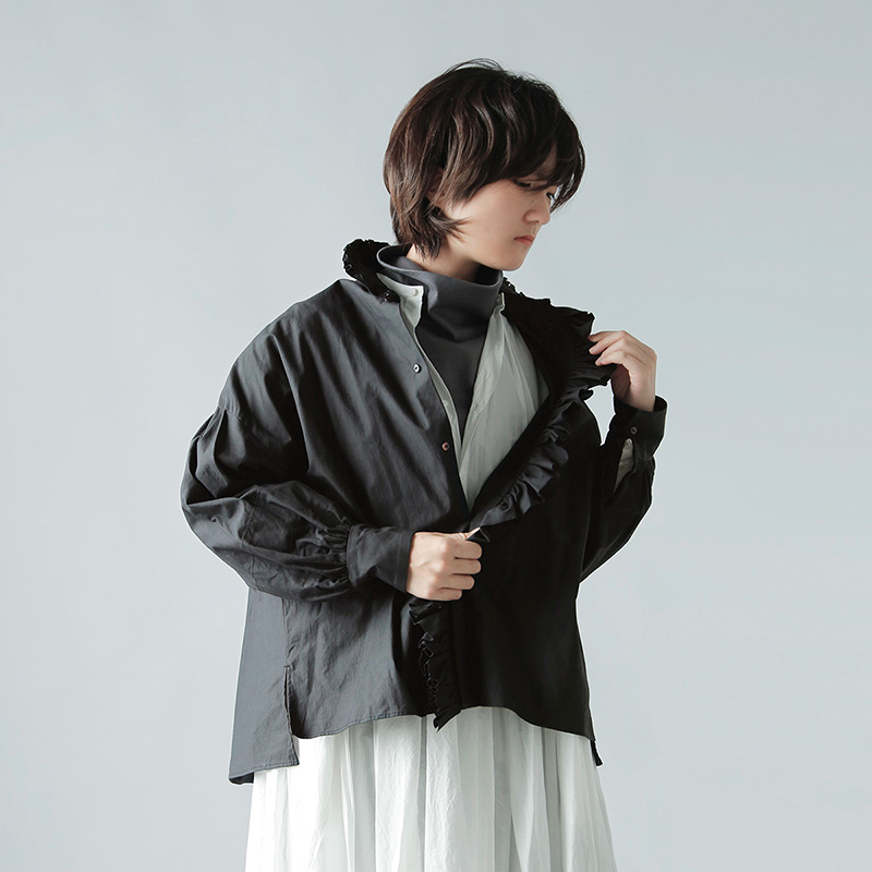 TOUJOURS◆半袖ブラウス/FREE/コットン/NVY// TOUJOURS フリル ワイドシャツ Cotton Triple Yarn Twill Cloth
