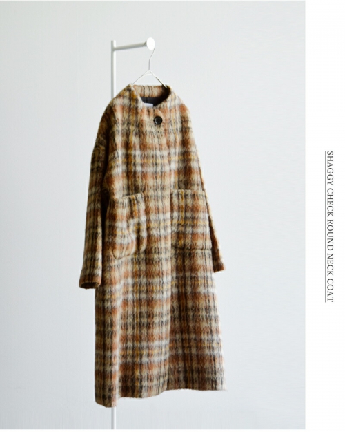 SI-HIRAI スーヒライ シャギー チェック ラウンドネック コート chaw24