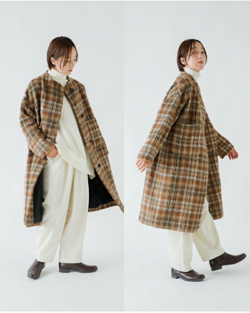 SI-HIRAI スーヒライ シャギー チェック ラウンドネック コート chaw24