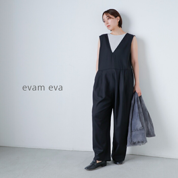 evam eva エヴァムエヴァ ウール Vネック オールインワン e261t016