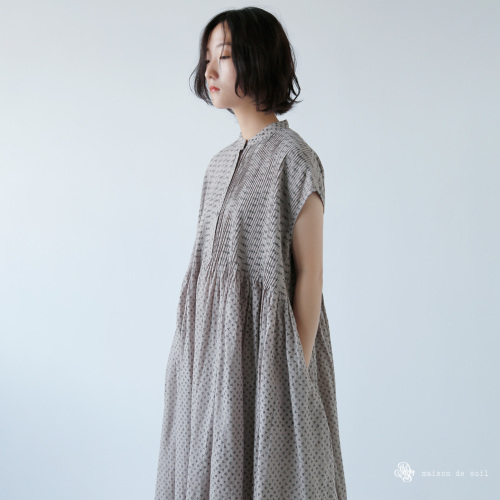 Plantation☆ハンドレジメンタイルドットプリントのドレス/ブルー♪ maison de soil メゾン ド ソイル コットン ボイル