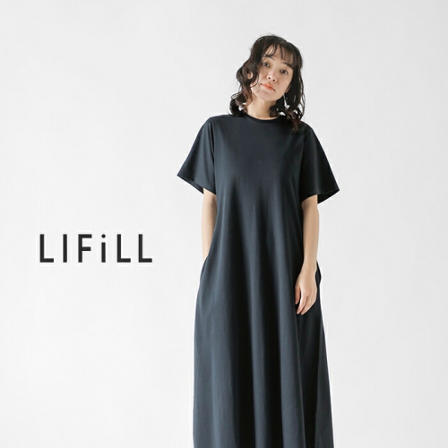 【NAVY】<LOEFF>コットン ツイル フード ドレス LIFiLL リフィル コットニー 天竺 フレア ドレス “COTTONY FLARED