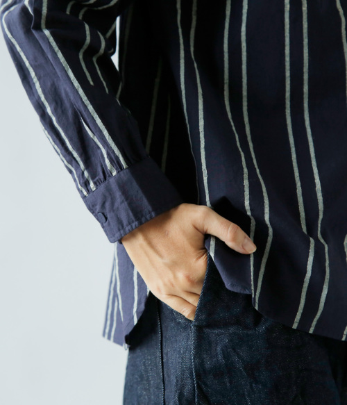 2024AW メゾンドソイル maison de soil  60s  ストライプ プリント バック オープニング ラウンドカラー シャツ 1/【2400014487626】 maison de soil メゾン ド ソイル 60s コットン ストライプ