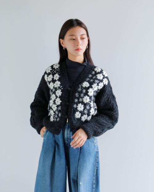 ヴィンテージ Happy Girl モヘア混花刺繍 ニット カーディガン P