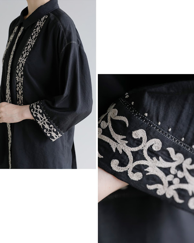 プロフ必読☆総絞り☆刺繍☆黒 Pheeta フィータ 刺繍 5分袖シャツ Jain ph016c-28 | iroma..aranciato