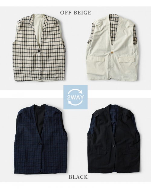 whyto ホワイト チェック リバーシブル ジレ ジャケット “CHECK REVERSIBLE GILET JACKET”  wht24hjk4032-mn | iroma..aranciato