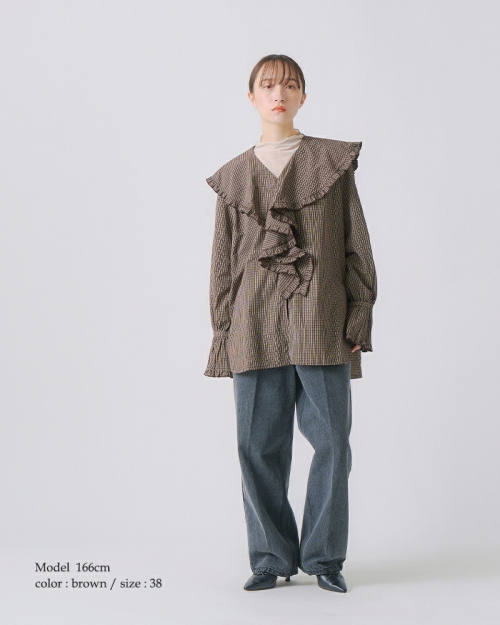 whyto ホワイト コットン チェック フリル ブラウス “check frill 