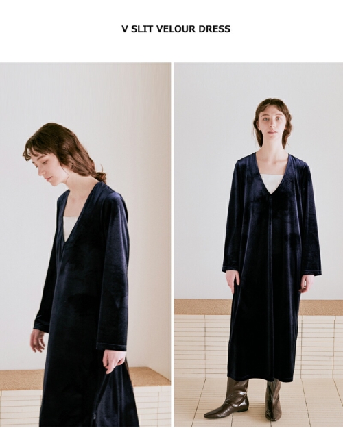 whyto ホワイト Vネック スリット ベロア ドレス “v slit velour dress
