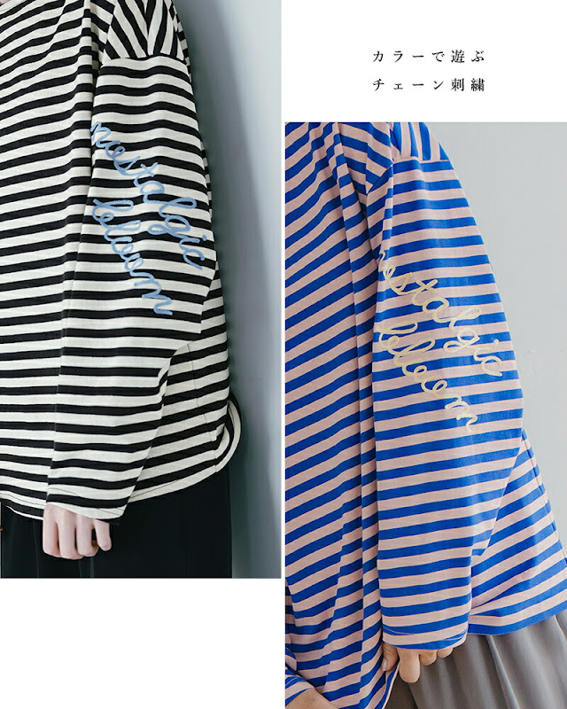 whyto ホワイト コットン ボートネック ルーズ ボーダー トップス