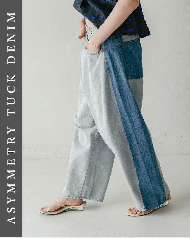 whyto ホワイト アシンメトリー タック デニムパンツ “asymmetry tuck 
