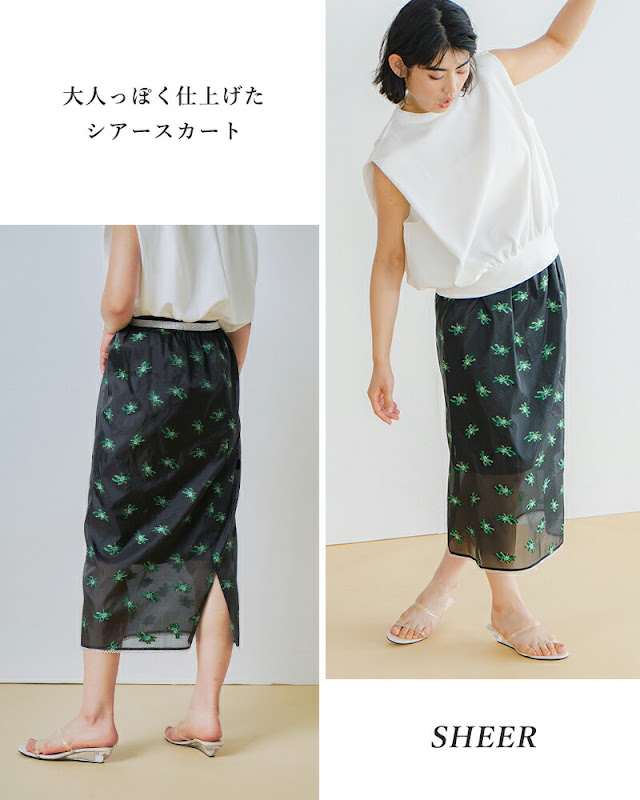 whyto ホワイト マルベリーシルク シアーフラワー スカート “sheer
