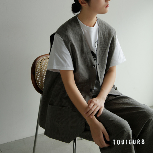 TOUJOURS トゥジュー ビスコースコットンリネン グレンチェック ベスト